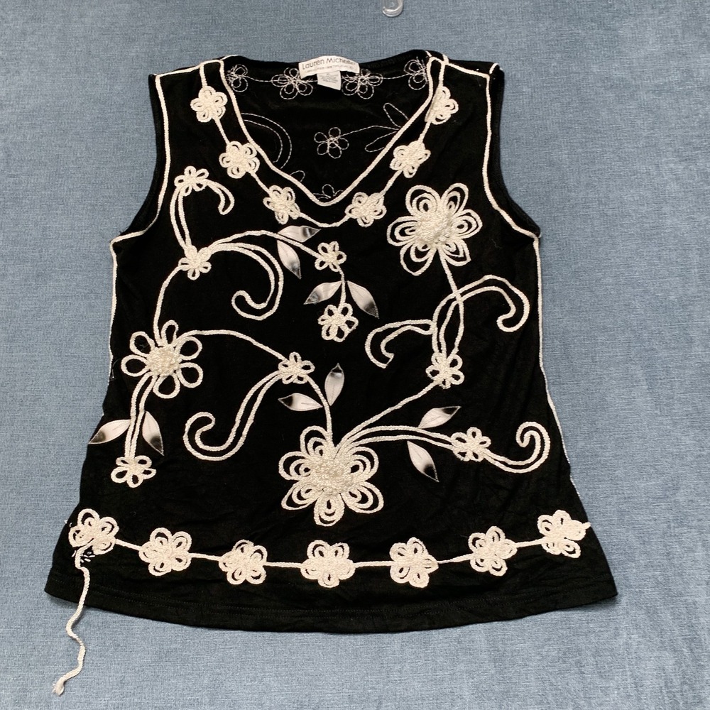 Lauren Michelle Tank Top Women's XL Black Embroidered Sparkly Floral Bohemian